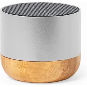 A round speaker with a silver top and a bamboo base, featuring a textured black mesh grille on top.