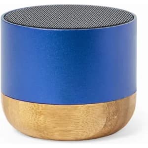 A compact speaker with a blue metallic top and a bamboo base. Featuring a textured mesh grille on top.