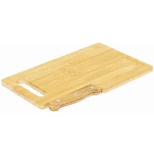 A bamboo cutting board with a handle, featuring a smooth surface and a natural finish.