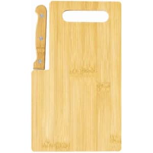 A bamboo cutting board with a handle, featuring a natural wood grain finish and an integrated knife.