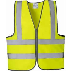 A high-visibility yellow safety vest with reflective silver stripes and a front zipper.