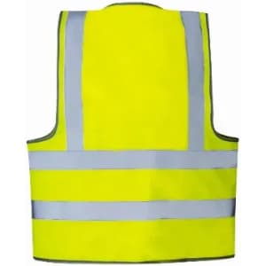 A high-visibility safety vest in bright yellow with reflective strips. The vest features a simple design without logos.
