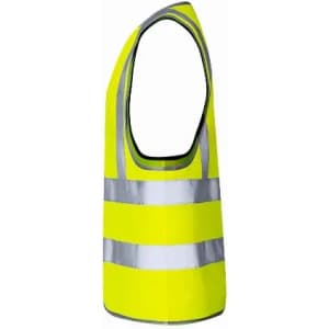 A high-visibility vest in bright yellow with reflective stripes. It features an open design and reinforced edges.