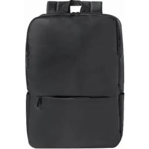 A black backpack with a minimalist design featuring two shoulder straps and a front pocket. It has a sleek, modern appearance.