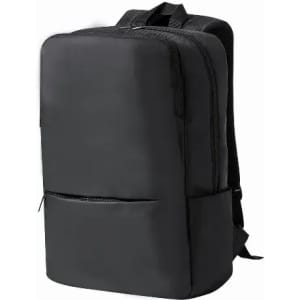 A black backpack with a sleek design, featuring a zippered front pocket and adjustable straps.