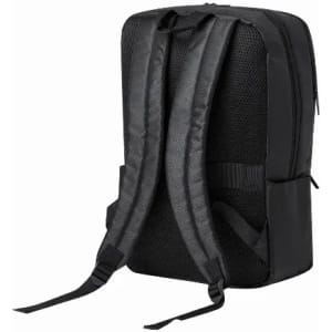 A black backpack featuring adjustable straps and a textured back panel for added comfort.