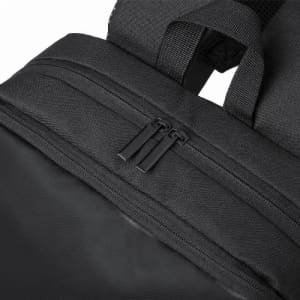 A black backpack with textured fabric and dual zippers on the front pocket.