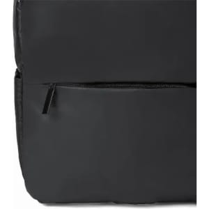 A black backpack with a zippered front pocket, featuring a sleek, minimalist design.