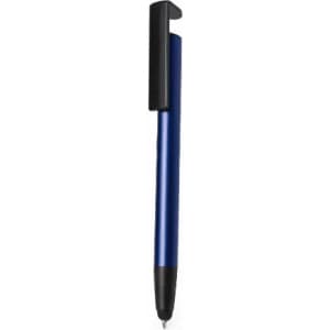 A blue pen with a black clip and a pointed tip. The pen has a sleek, modern design.