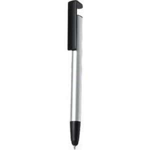 A silver pen with a black clip and black tip, featuring a sleek and simple design.