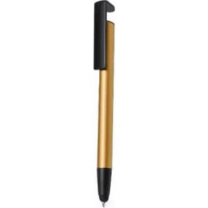 A gold and black pen with a sleek design and a clip on top. The pen features a rounded tip for writing.