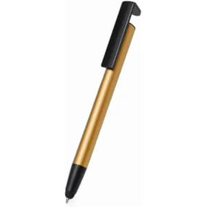 A gold and black pen with a smooth design and a clip for attaching to notebooks or pockets.