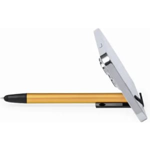 A pen with a gold barrel and black tip, resting against a silver holder. The holder has a logo.