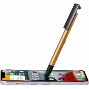 A stylus pen with a gold body rests on a smartphone displaying an app interface. The smartphone has a silver frame.