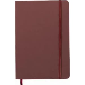 A notebook with a maroon cover and a matching elastic closure. It features a ribbon bookmark.