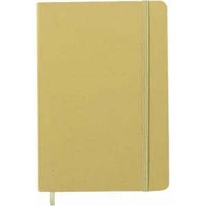 A notebook with a yellow cover, featuring an elastic band and a ribbon marker. It has a simple design and no visible branding.