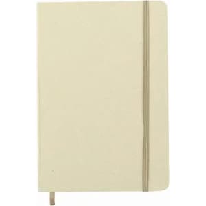 A cream-coloured notebook with a grey elastic band, featuring a plain cover and a ribbon bookmark.