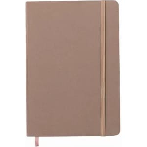 A notebook in a light brown hue, featuring a flexible cover and an elastic band closure. It includes a ribbon bookmark.