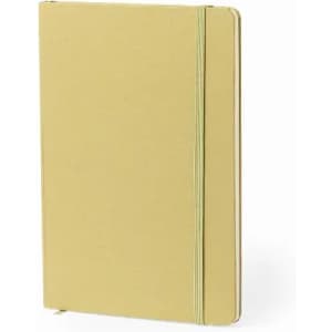 A notebook with a yellow cover and an elastic band closure, featuring a simple design and no visible branding.