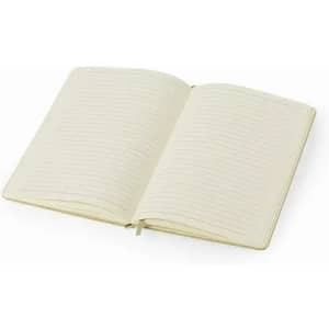 An open notebook with blank, lined pages and a ribbon marker, featuring a soft, cream-coloured cover.