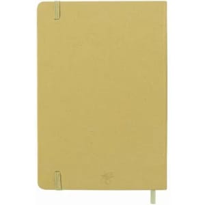 A notebook with a textured beige cover, featuring elastic closures and a green ribbon bookmark. It has a logo on the front.