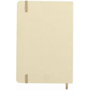 A notebook with a beige cover, featuring wooden elastic bands and a small logo on the front.