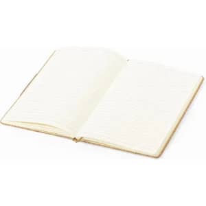 A blank, lined notebook with a soft cover, featuring cream pages and golden-edged detailing.