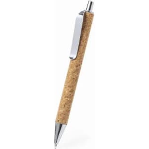 A pen with a cork barrel and a silver clip, featuring a sleek design and a shiny tip.