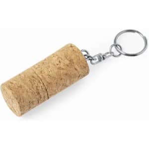 A cork-shaped keychain with a metal ring, featuring a natural cork texture and a simple design.