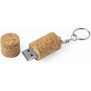 A USB flash drive designed to look like a cork, featuring a keychain attachment.