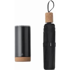 A drink bottle in matte black with a cork base and a matching collapsible black umbrella. The umbrella has a cork handle.