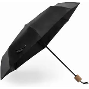 A black umbrella with a sleek design and a cork handle, featuring a sturdy structure and a modern look.