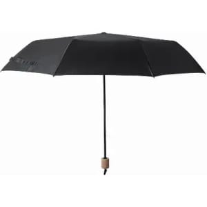 A black umbrella with a wooden handle and a sleek design, featuring a simple logo.