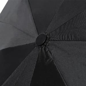 A black umbrella with a rounded button at the centre, showcasing the fabric's texture and seam details.