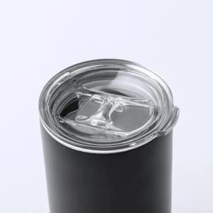 A drink bottle with a black exterior and a clear, transparent lid. It features a logo on the side.