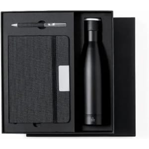 A drink bottle, notebook, and pen in a black presentation box. The bottle features a sleek black design.