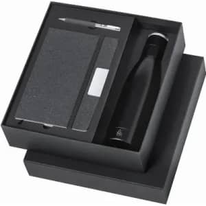 A black gift box containing a drink bottle, notebook, and pen, all in sleek, modern design.