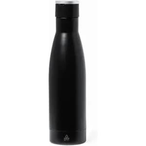 A drink bottle in sleek black with a narrow neck and a screw top lid, featuring a logo on the bottom.