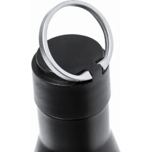 A drink bottle in matte black with a silver ring on the lid and a simple design. Features a branding logo.