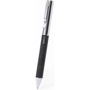 A pen with a black textured grip and a chrome clip, featuring a simple and sleek design.