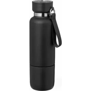 A black drink bottle with a sleek design, featuring a chrome accent and a removable base with a strap.