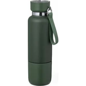 A drink bottle in dark green with a metallic band and a carrying strap, featuring a logo on the side.