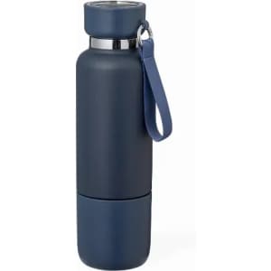 A drink bottle in navy blue with a matte finish and a silver accent, featuring a carry strap.
