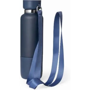 A drink bottle in navy blue with a removable strap and a sleek design. It features a simple logo.