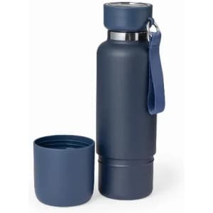 A drink bottle in navy blue with a detachable cup and a carrying strap, featuring a sleek design and silver accents.
