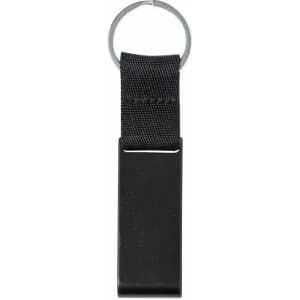 A keyring with a black fabric strap and a silver metal clasp. The design is sleek and minimalist.