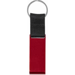 A keyring with a red metal tag and a black fabric strap, featuring a circular attachment.