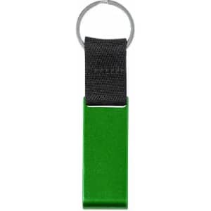 A green drink bottle holder with a black strap and a metal keyring attachment.