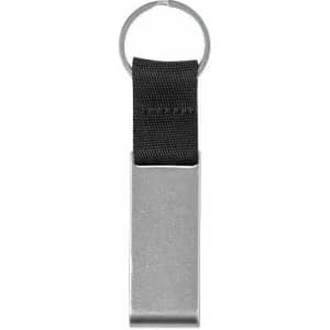 A keyring with a silver metal rectangular body and a black fabric strap. It features a circular keyring attachment.