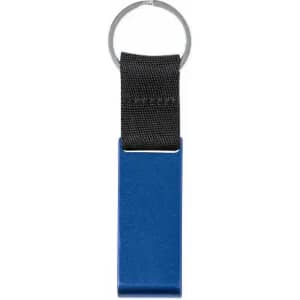 A blue bottle opener with a black fabric strap and a metal keyring. Features a simple, sleek design.